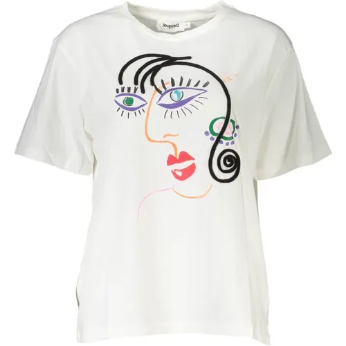 Weiße Baumwoll-Tops & T-Shirt, Kurze Ärmel, Druck, Stickerei , Damen, Größe: 2XL - Desigual - Modalova