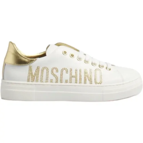 Leather Sneaker with Gold Strass Logo , female, Sizes: 2 UK - Moschino - Modalova