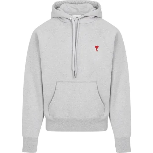 Grey Cotton Hoodie with Red Logo , male, Sizes: XL, M, L, S - Ami Paris - Modalova