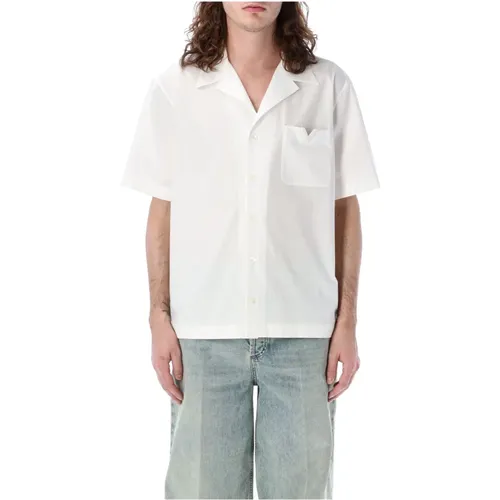 Tasche V-Detail Bowling Hemd,Weiße Baumwoll-Bowlinghemd,Weißes V-Logo Cuban Collar Hemd,Weiße Boxy Fit Hemden mit V-Detail - Valentino Garavani - Modalova
