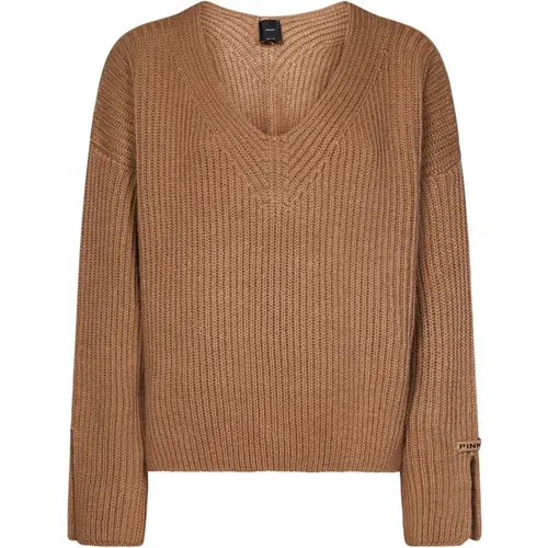 Beiger Rippstrick V-Ausschnitt Pullover Aw24 , Damen, Größe: M - pinko - Modalova