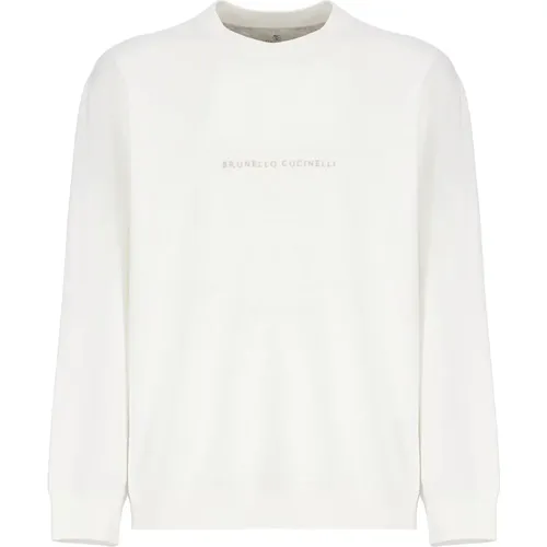 Ivory Cotton Sweater with Embroidered Logo , male, Sizes: M - BRUNELLO CUCINELLI - Modalova