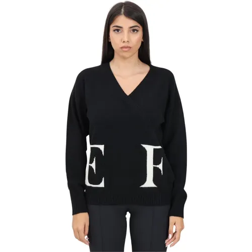 Schwarzer V-Ausschnitt Pullover mit Logo-Einlage,Schwarzer Woll V-Ausschnitt Pullover - Elisabetta Franchi - Modalova