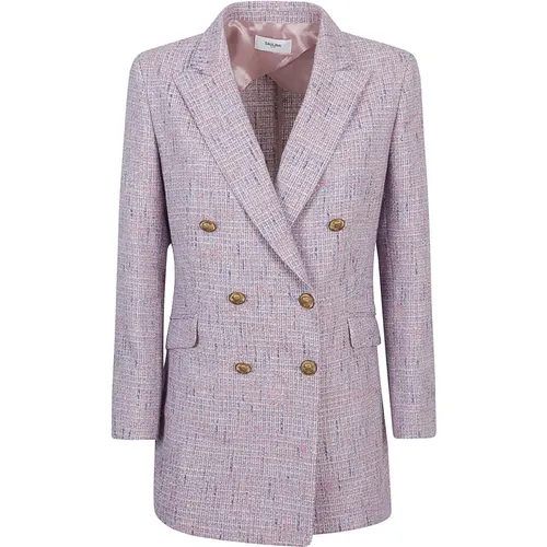 Double-Breasted Tweed Jacket Blue White , female, Sizes: S, M - Saulina - Modalova