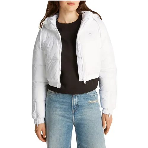 Weiße Puffer Cropped Hooded Jacke , Damen, Größe: M - Tommy Jeans - Modalova