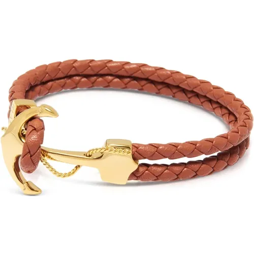 Men's Leather Bracelet with Gold Anchor , male, Sizes: L - Nialaya - Modalova