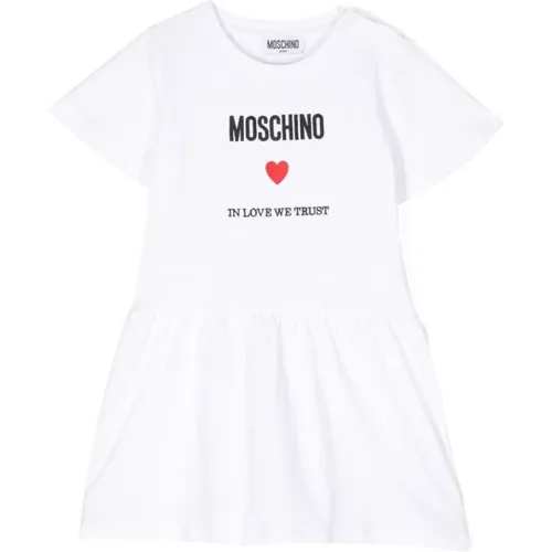 Gerüschtes weißes Kleid mit Logo und Herz - Moschino - Modalova