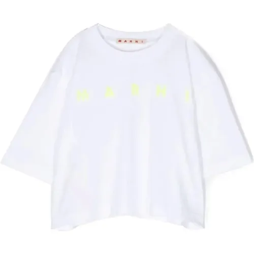 Weiße Cropped T-Shirt mit Fluoreszierendem Gelbem Logo-Stickerei - Marni - Modalova