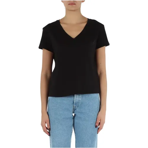 Baumwoll V-Ausschnitt T-Shirt mit Logo , Damen, Größe: XS - Replay - Modalova