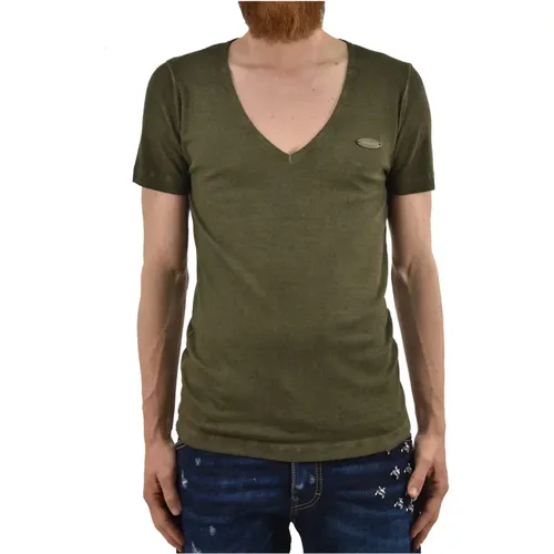 Grünes Herren V-Ausschnitt T-Shirt mit Metall Ovaler Platte , Herren, Größe: XS - Dsquared2 - Modalova