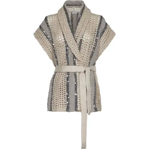 Striped Sequin Shawl Collar Sweater , female, Sizes: M - BRUNELLO CUCINELLI - Modalova