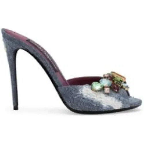 Crystal-Embellished Distressed Denim Mules , female, Sizes: 5 1/2 UK, 4 UK - Dolce & Gabbana - Modalova