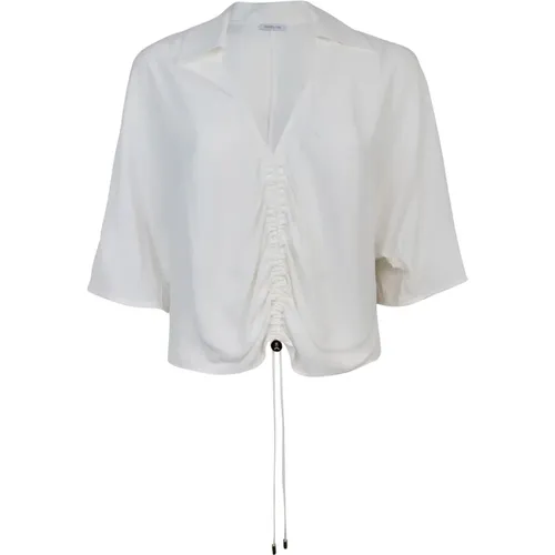 Weiße V-Ausschnitt Bluse Gerüschte Vorderseite , Damen, Größe: M - PATRIZIA PEPE - Modalova