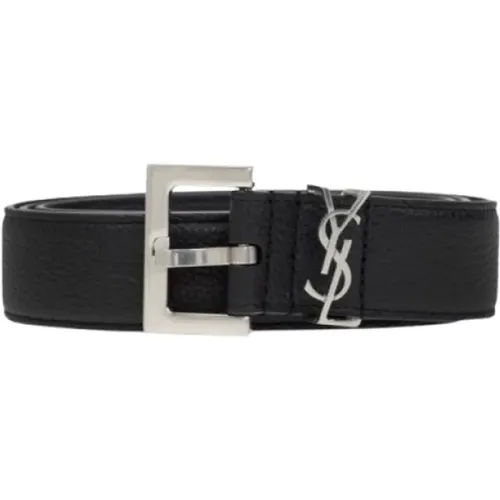 Leather Belt with YSL Monogram Plaque , male, Sizes: 100 CM - Saint Laurent - Modalova