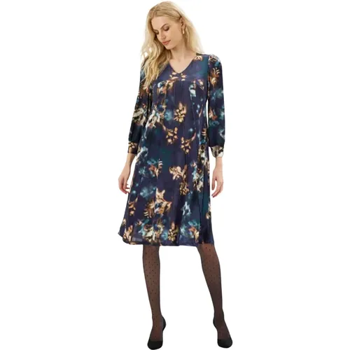 Blaues Kleid mit 3/4 Ärmeln und Muster , Damen, Größe: XL - IN FRONT - Modalova