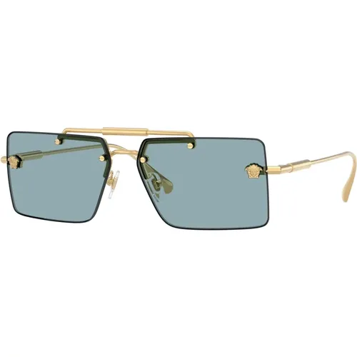 Gold Frame Blue Lens Sunglasses , unisex, Sizes: 60 MM - Versace - Modalova