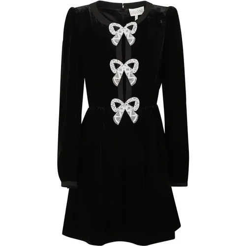 Velvet Dress with Silver Bow Embroidery , female, Sizes: 2XS - Saloni - Modalova