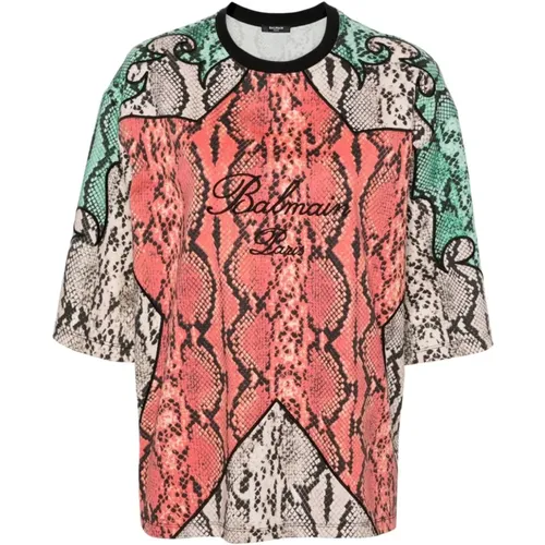 MultiColour Python Print Embroidered T-shirts , female, Sizes: S, M, L - Balmain - Modalova