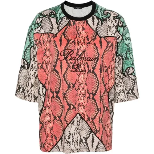 MultiColour Python Print Embroidered T-shirts , female, Sizes: S, XS - Balmain - Modalova