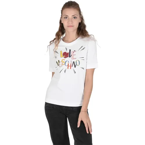 Weiße Baumwoll-T-Shirt , Damen, Größe: 2XS - Love Moschino - Modalova