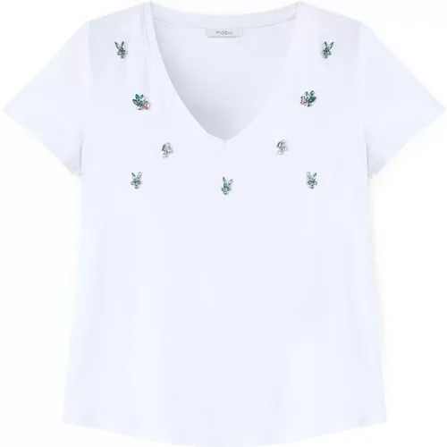 V-Ausschnitt T-Shirt mit Steinchenstickerei , Damen, Größe: XS - Motivi - Modalova