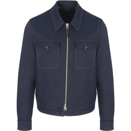 Cotton Linen Twill Jacket in Indigo , male, Sizes: M, L - Tom Ford - Modalova