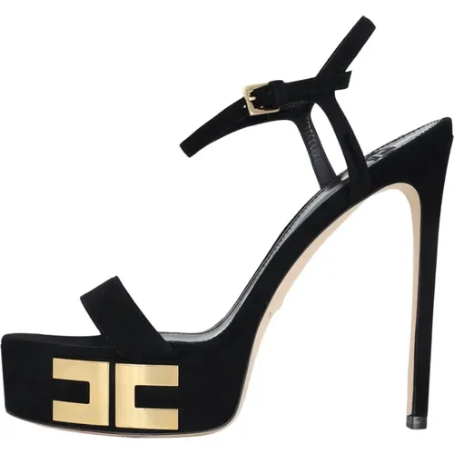 Schwarze Plateau-Sandalen mit Gold-Logo - Elisabetta Franchi - Modalova