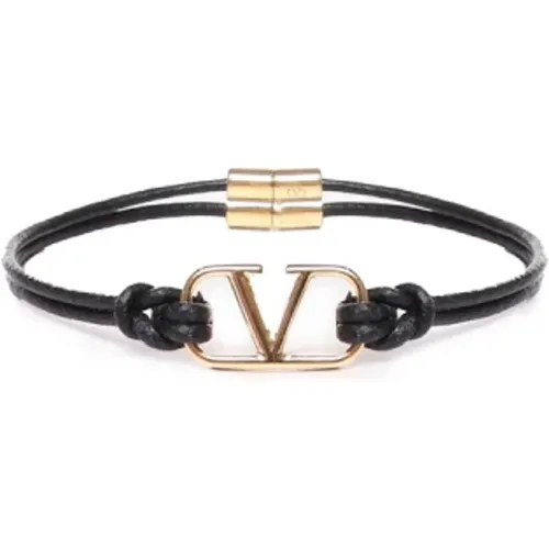 Leather Bracelet with Golden VLogo , male, Sizes: L - Valentino Garavani - Modalova