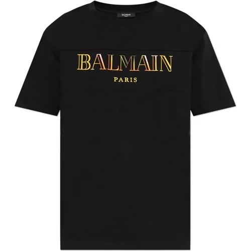 T-Shirt mit bunt besticktem Logo , Herren, Größe: 2XL - Balmain - Modalova