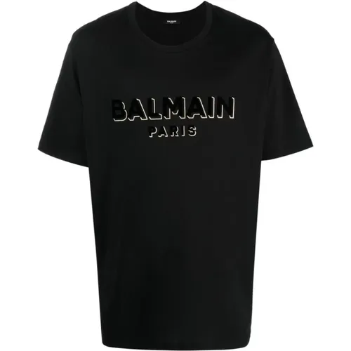 Schwarzes Baumwoll-T-Shirt mit Metallic-Verzierung , Herren, Größe: L - Balmain - Modalova