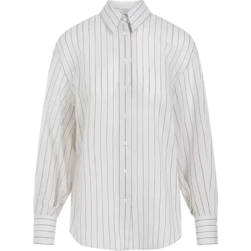 Weißes Hemd C044 Verkauf,Glitzerndes Gestreiftes Baumwollseiden-Popeline-Hemd mit Halskette - BRUNELLO CUCINELLI - Modalova