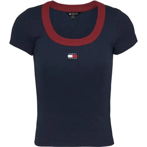 Stretch Baumwoll T-Shirt - Blaues Patch-Logo , Damen, Größe: XS - Tommy Jeans - Modalova