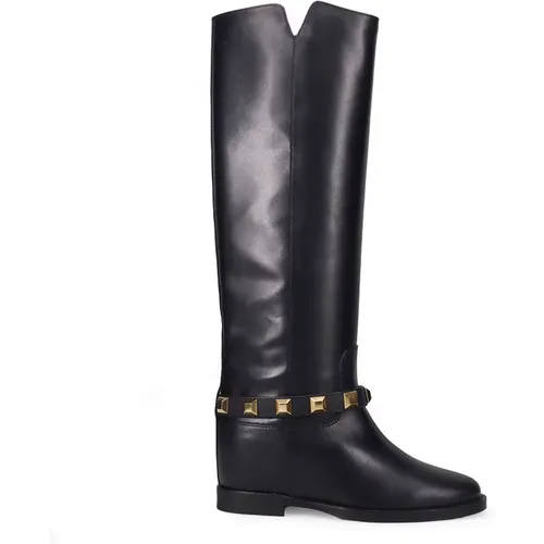 Leather Wedge Boots with Stud Decoration , female, Sizes: 4 UK, 3 UK - Via Roma 15 - Modalova