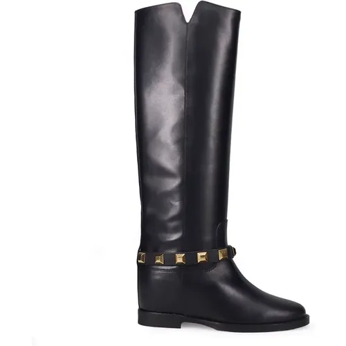 Leather Wedge Boots with Stud Decoration , female, Sizes: 4 UK, 7 UK, 3 UK - Via Roma 15 - Modalova