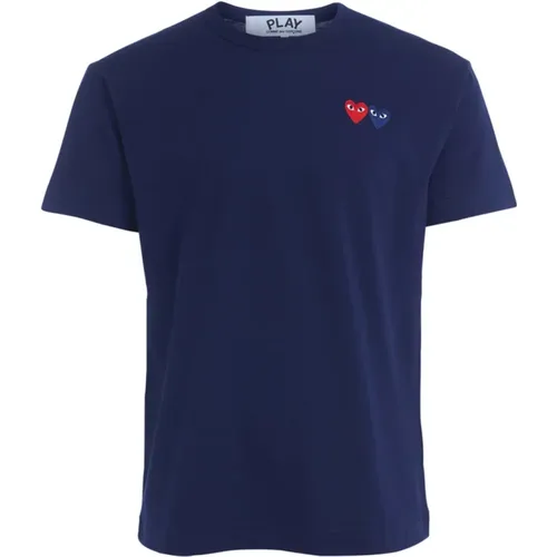 Blau T-Shirt mit doppeltem Herzlogo , Herren, Größe: L - Comme des Garçons Play - Modalova