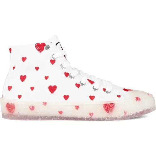 Weiße/Rote Heart Logo High-Top Sneakers , Damen, Größe: 38 EU - Moschino - Modalova