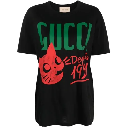 Schwarzes Logo-Print Baumwoll T-Shirt - Gucci - Modalova