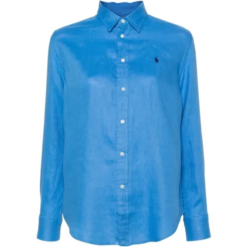 Blaues Leinenhemd mit Pony-Stickerei , Damen, Größe: XS - Ralph Lauren - Modalova