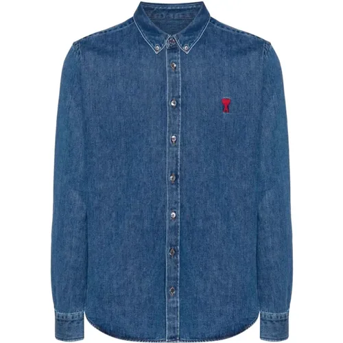 Blaues Denim-Hemd mit Herz-Monogramm , Herren, Größe: S - Ami Paris - Modalova