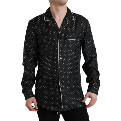 Schwarzes Seidenhemd mit Polka Dots , Herren, Größe: XS - Dolce & Gabbana - Modalova
