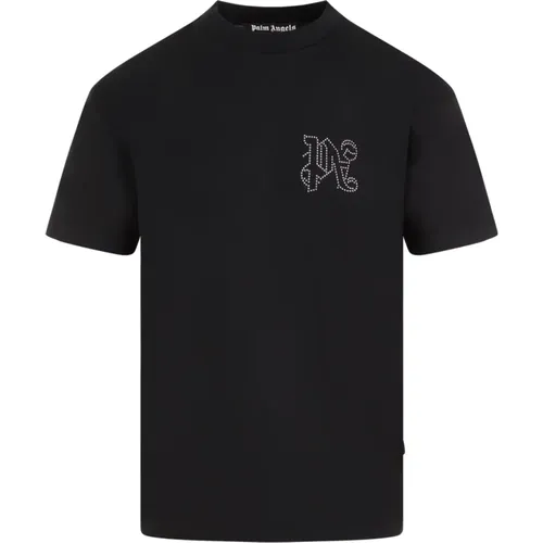 Schwarzes Monogramm Studded Klassisches T-Shirt - Palm Angels - Modalova