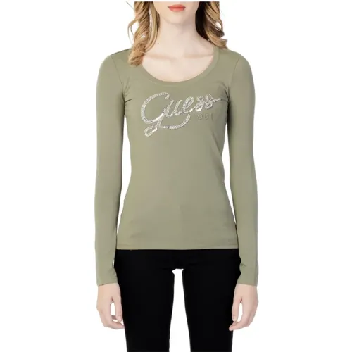 Grünes Langarm T-Shirt mit Print , Damen, Größe: XS - Guess - Modalova