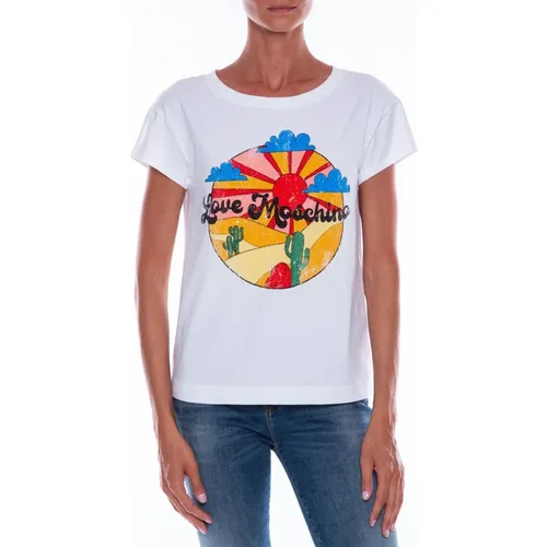 Baumwoll T-Shirt mit Grafikdruck und geprägten Applikationen , Damen, Größe: M - Love Moschino - Modalova