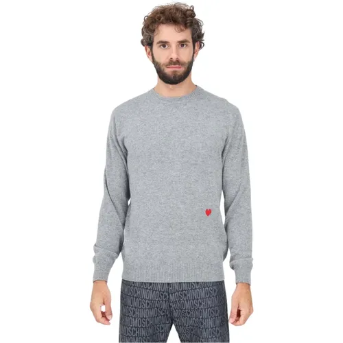 Grauer Pullover mit Herzstickerei , Herren, Größe: L - Moschino - Modalova