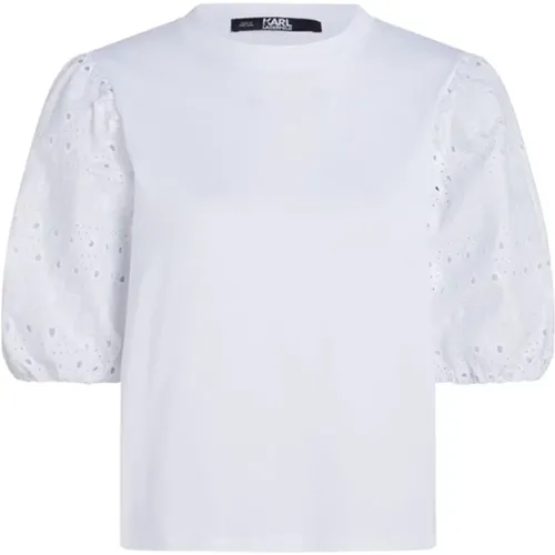 Weißes Englisch Stickerei Baumwoll T-shirt , Damen, Größe: M - Karl Lagerfeld - Modalova