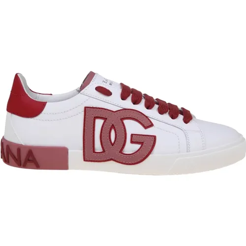 Weiße und Rote Niedrige Kalbsleder Sneakers - Dolce & Gabbana - Modalova