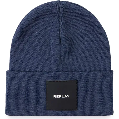 Navy Knit Beanie Hat , unisex, Sizes: ONE SIZE - Replay - Modalova