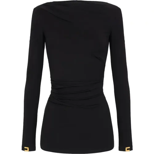 Schwarzer Drapierter Jersey-Pullover mit Metall-Logo , Damen, Größe: S - Elisabetta Franchi - Modalova