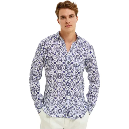 Mediterranean Tile Print Linen Shirt , male, Sizes: M, 2XL - Peninsula - Modalova