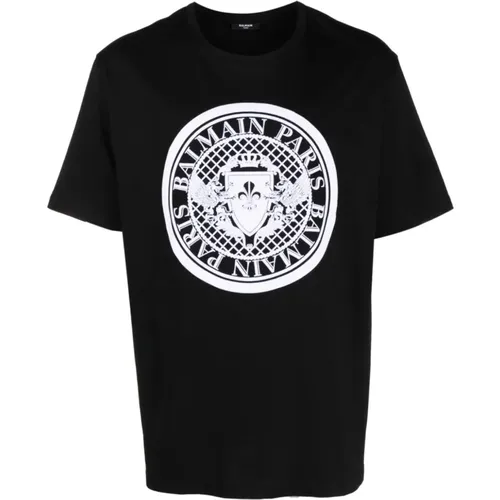 Jersey-Textur-Logo-Print-Rundhalsausschnitt,Coin T-Shirt - Balmain - Modalova